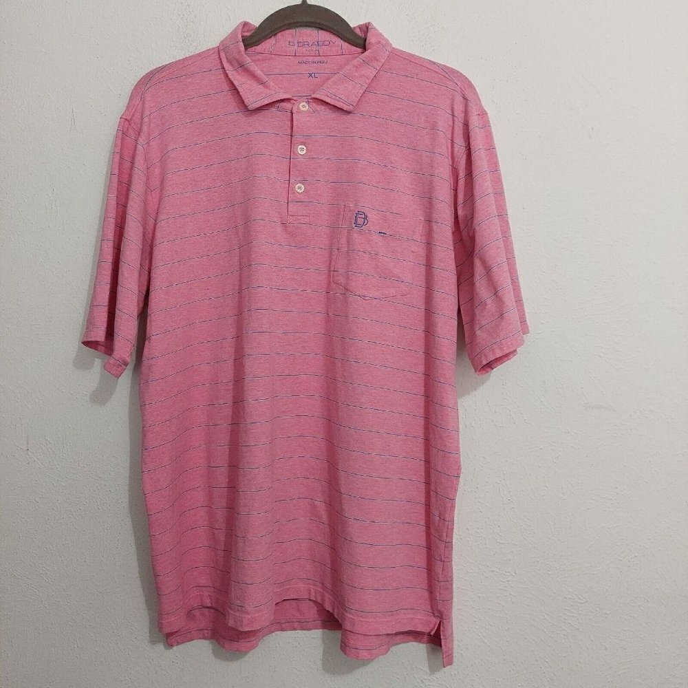 B Draddy Polo Shirt Mens Size XL Pink Blue Stripe Short‎ Sleeve Knit Golf Casual